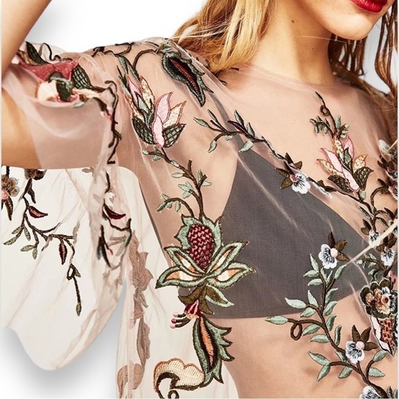 Zara Woman Embroidered Tulle Sheer Top Blouse, Blush Pink, Size XS - Picture 2 of 12